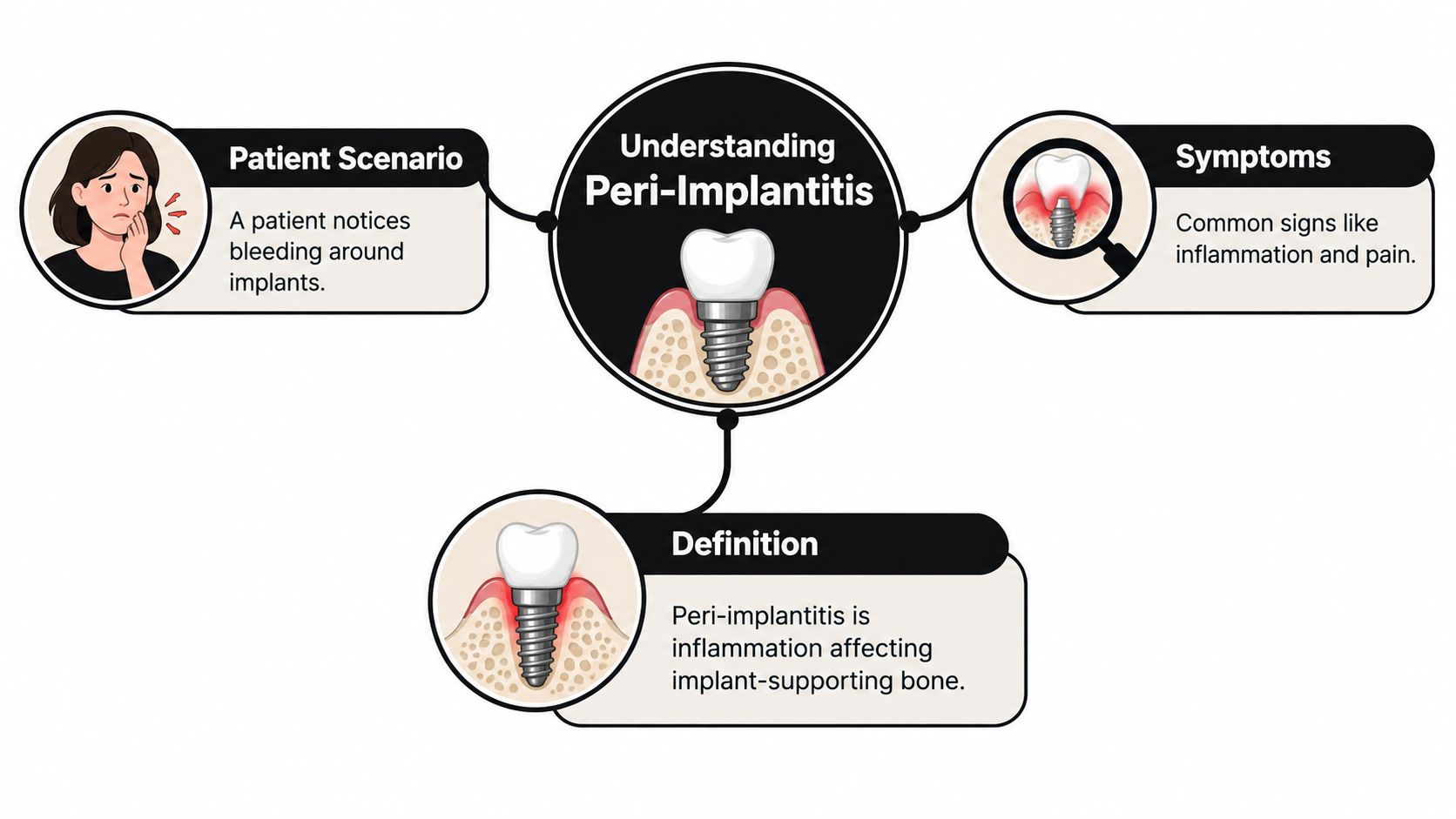 An infographic explaining peri-implantitis, detailing its definition, patient symptoms, and signs like inflammation and bleeding around dental implants.