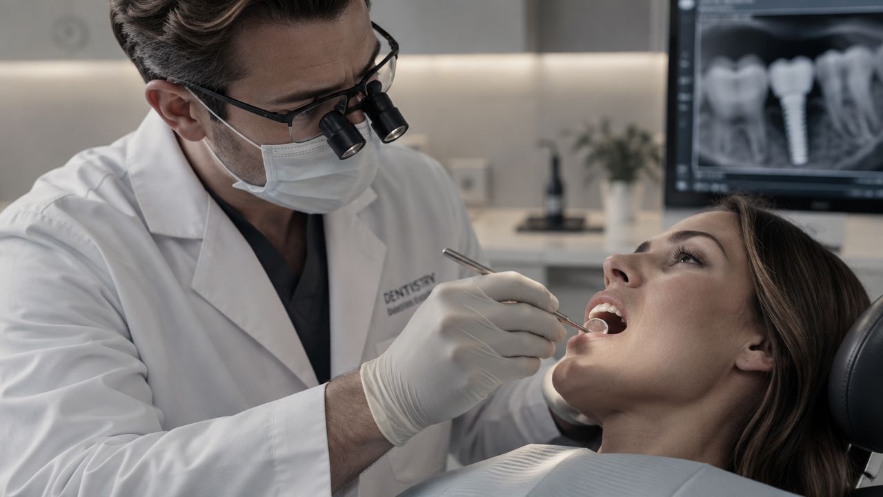 A professional dentist performing a dental examination on a patient in a modern dental clinic setting.