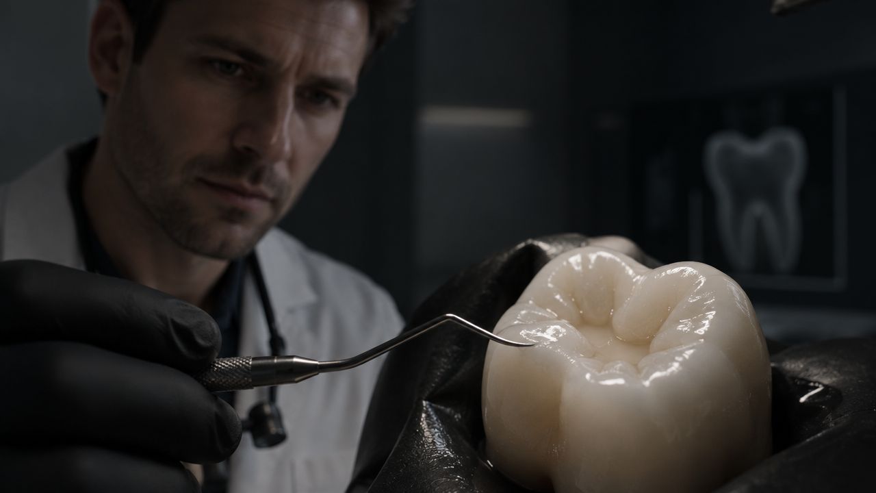 A dentist wearing black gloves examines a large dental crown model with a metal explorer tool.