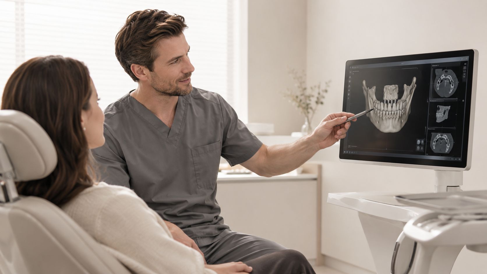 A dentist explaining digital dental X-ray imaging results to a female patient in a modern clinical office.