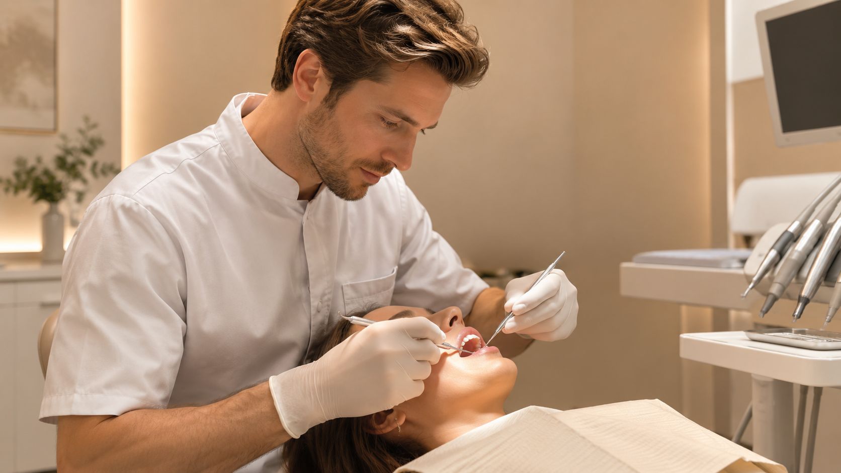 A professional dentist wearing white scrubs performs a dental examination on a patient in a modern office.