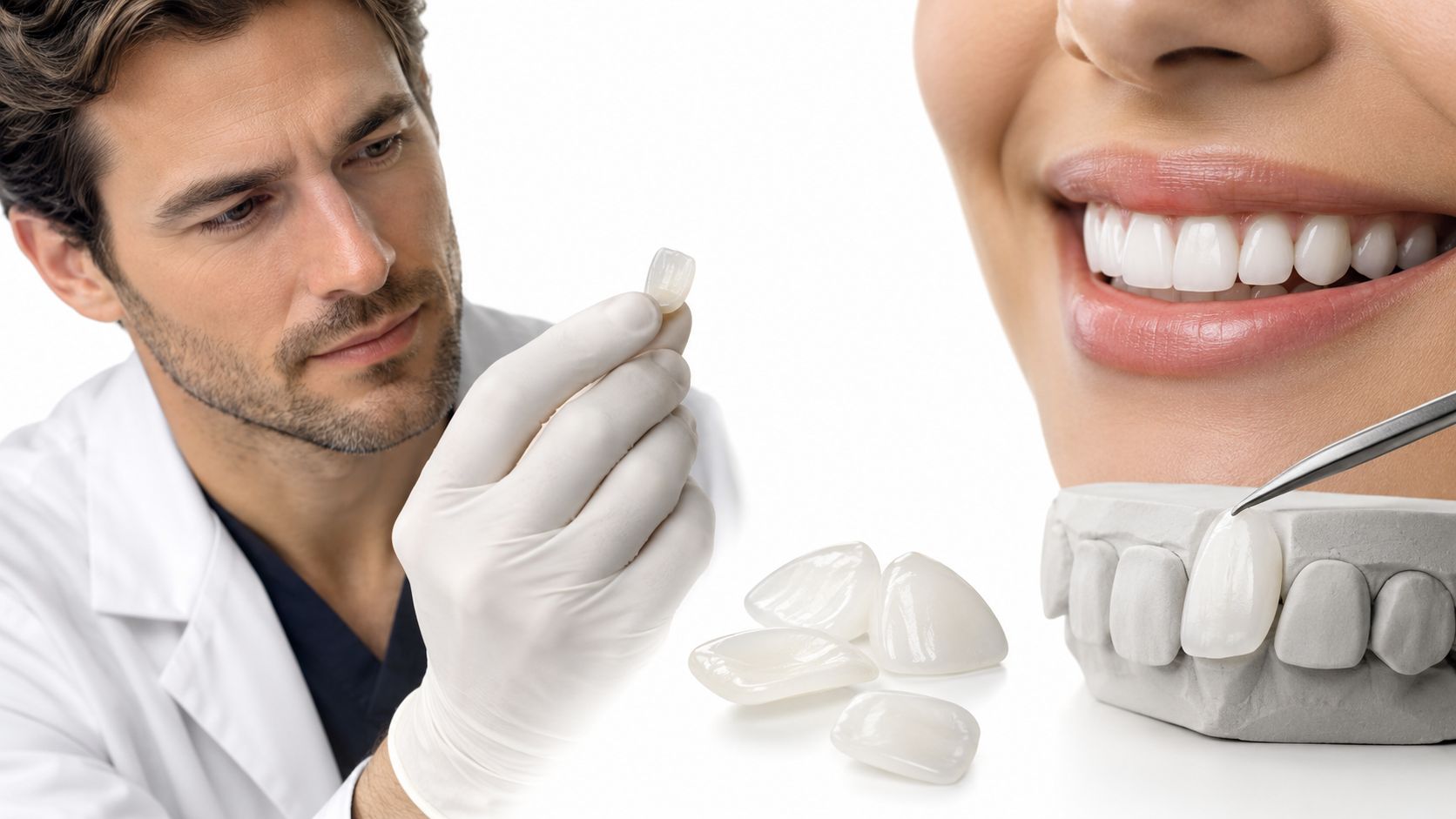 A dentist wearing white gloves examines a dental veneer for a patient's smile makeover procedure.