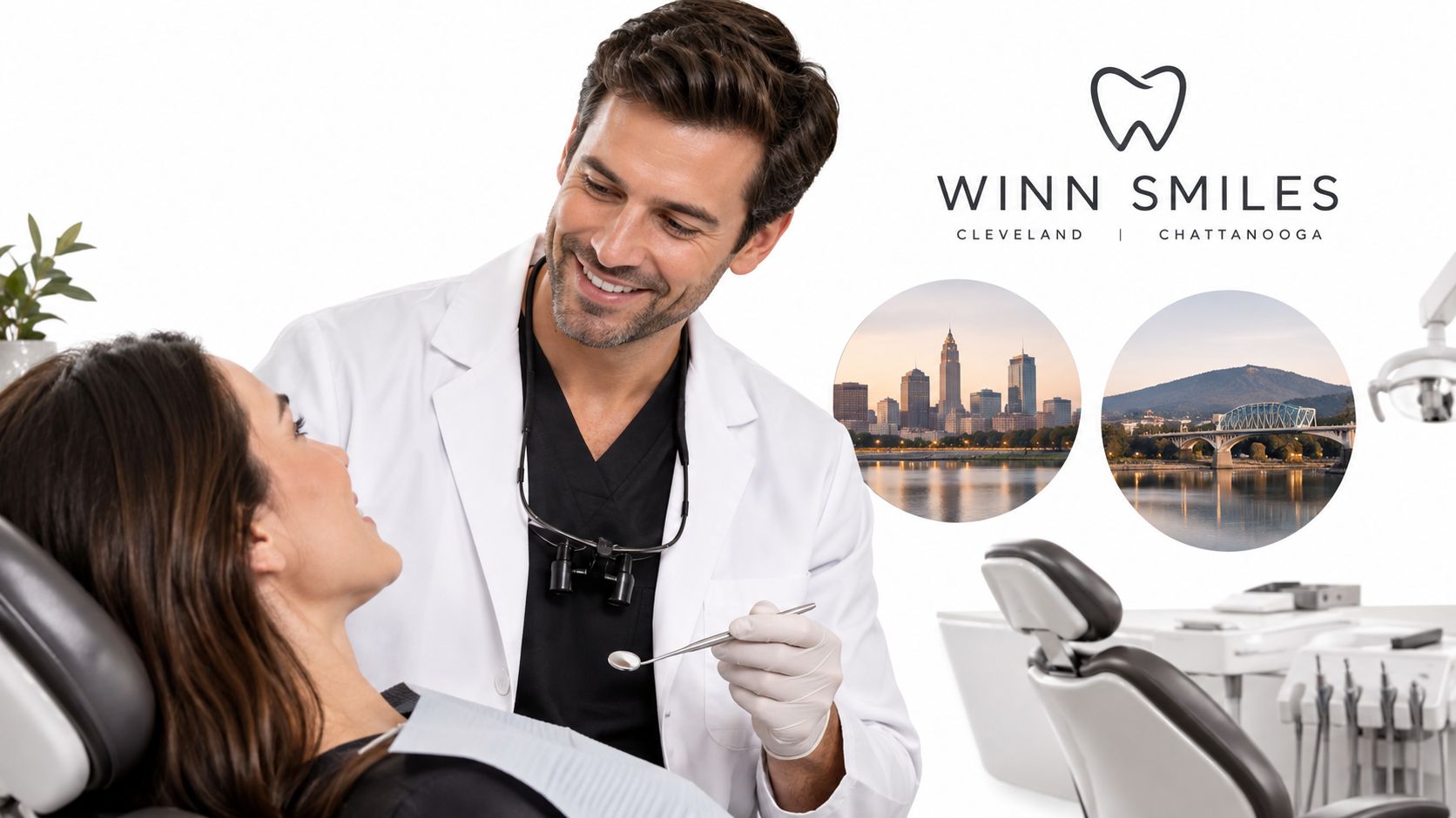 A friendly dentist examining a female patient in a professional dental office, demonstrating quality care.