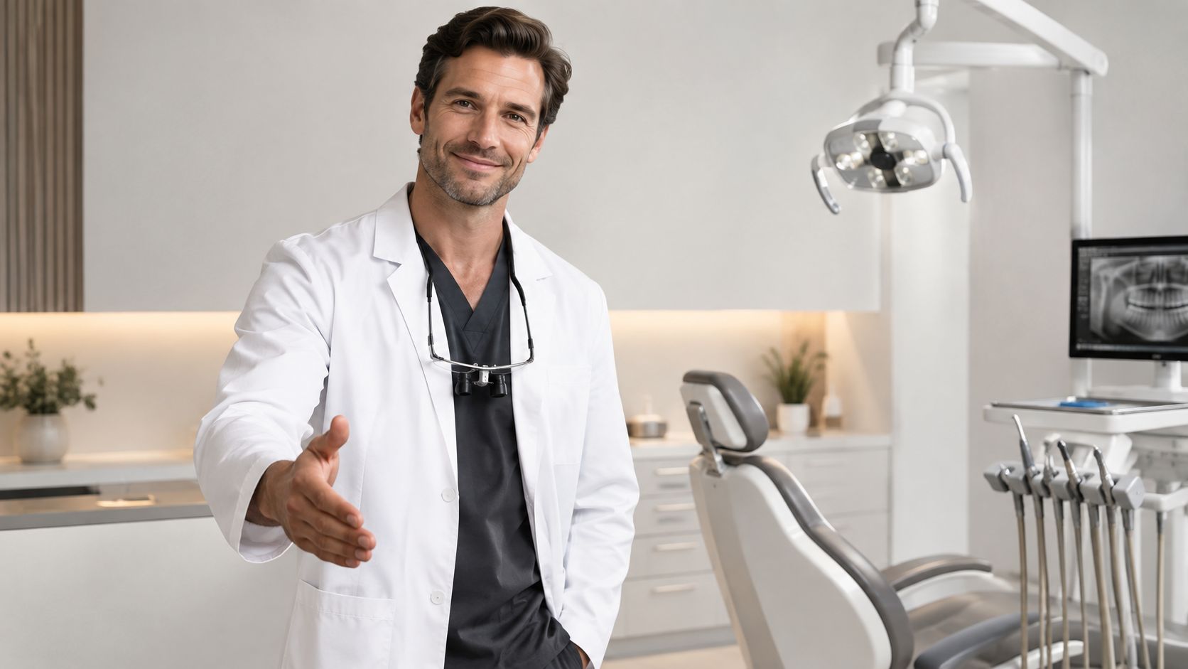 A friendly male dentist in a white coat reaching out for a handshake in his modern office.