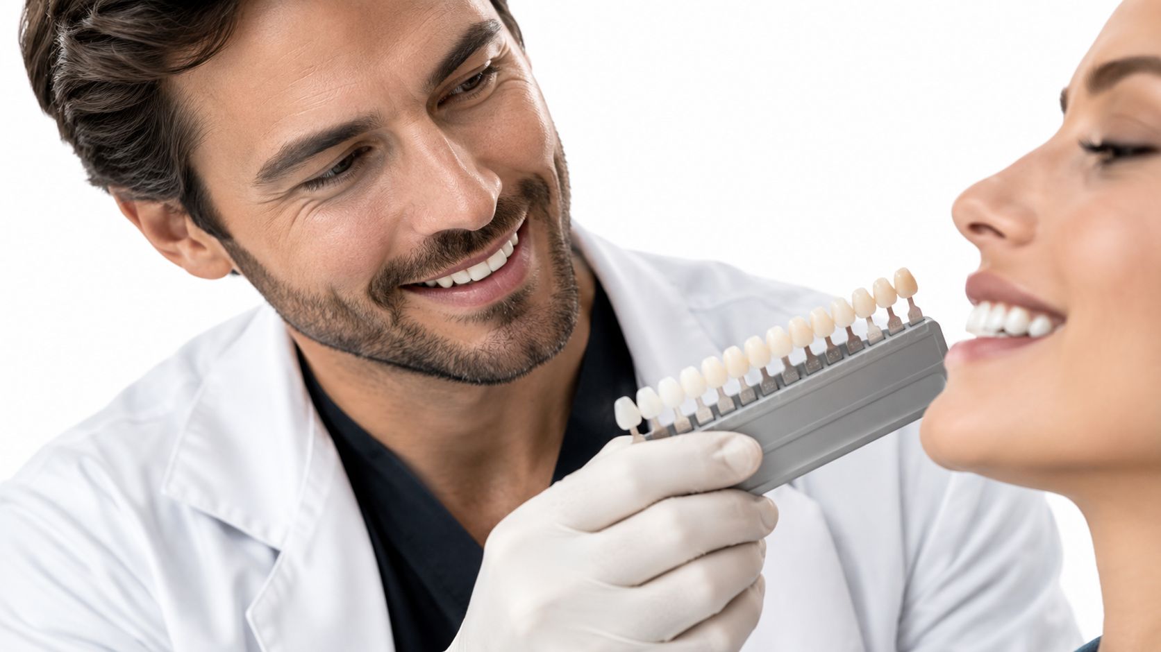 A professional dentist holding a shade guide next to a patient's smile to check teeth color.