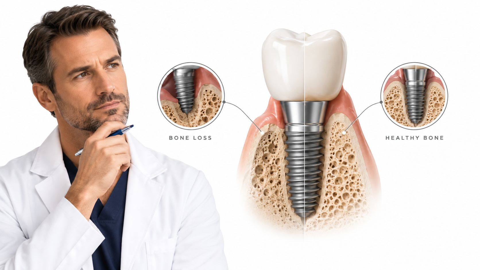 A dentist examines an illustration showing the comparison between dental implants with bone loss and healthy bone.