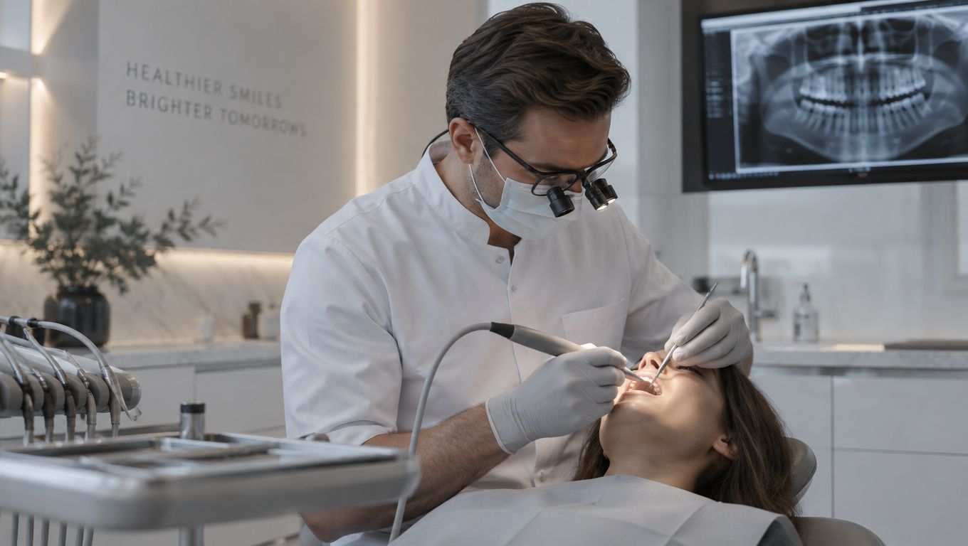 A professional dentist wearing a mask and magnifying glasses performing a routine checkup on a patient.