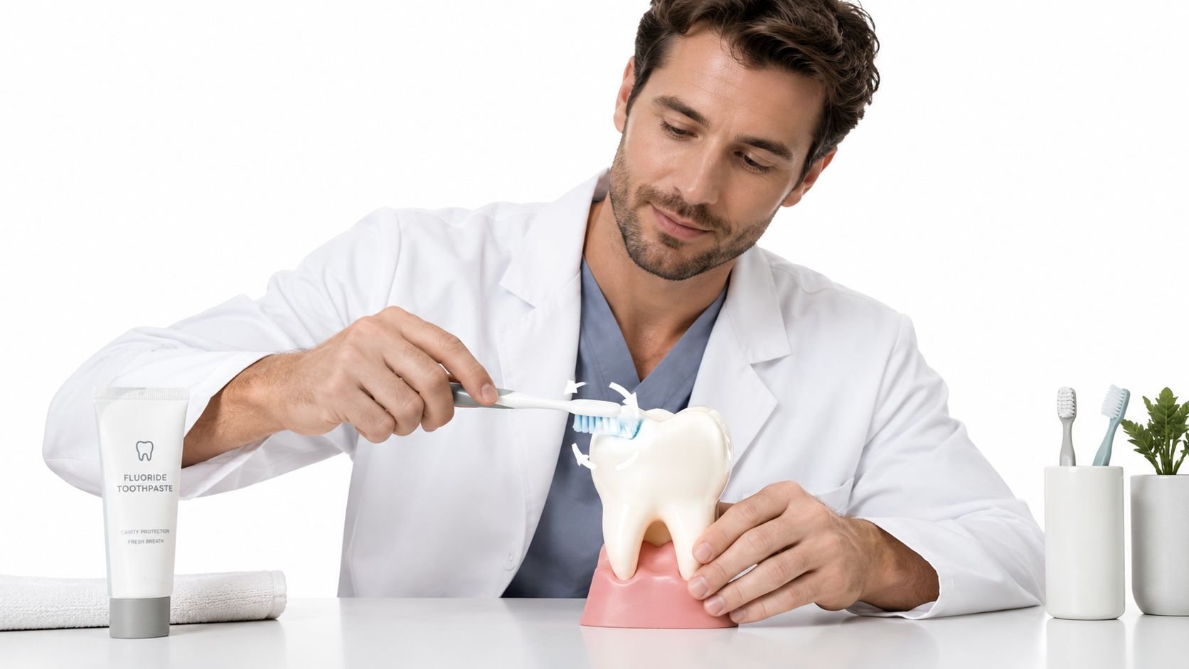 A dentist demonstrates the correct brushing technique on a model tooth using a toothbrush and toothpaste.