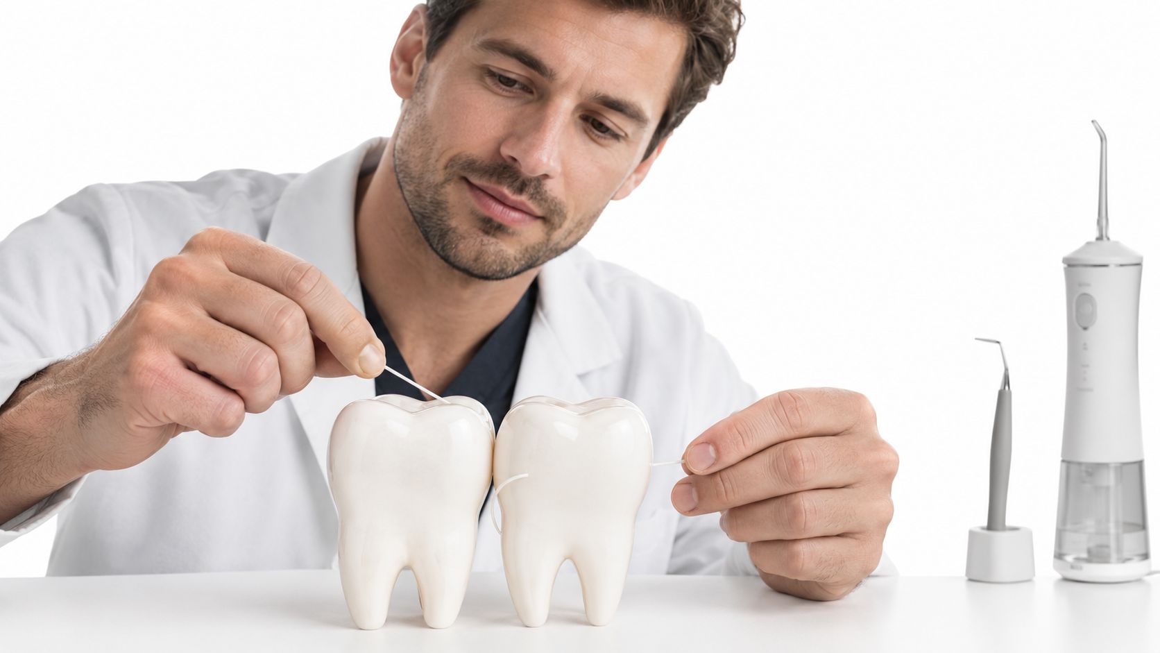A professional dentist demonstrating the proper flossing technique on a large anatomical model of two human teeth.
