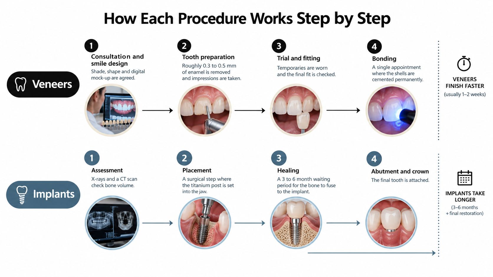 A dental infographic comparing the step-by-step procedure for getting veneers versus dental implants.