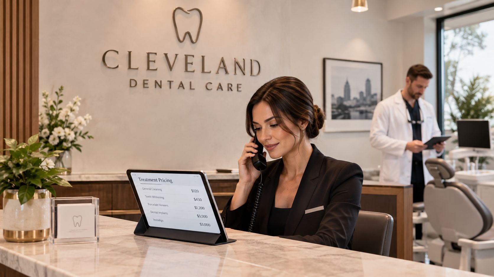 A receptionist at Cleveland Dental Care speaks on the phone next to a sign listing treatment prices.