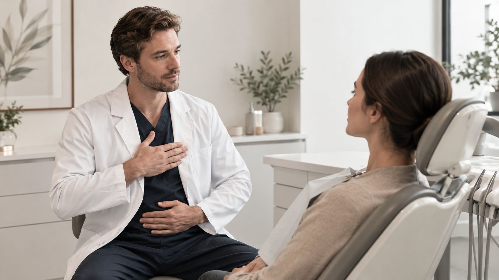 A professional dentist discussing a treatment plan with a female patient in a modern dental clinic setting.