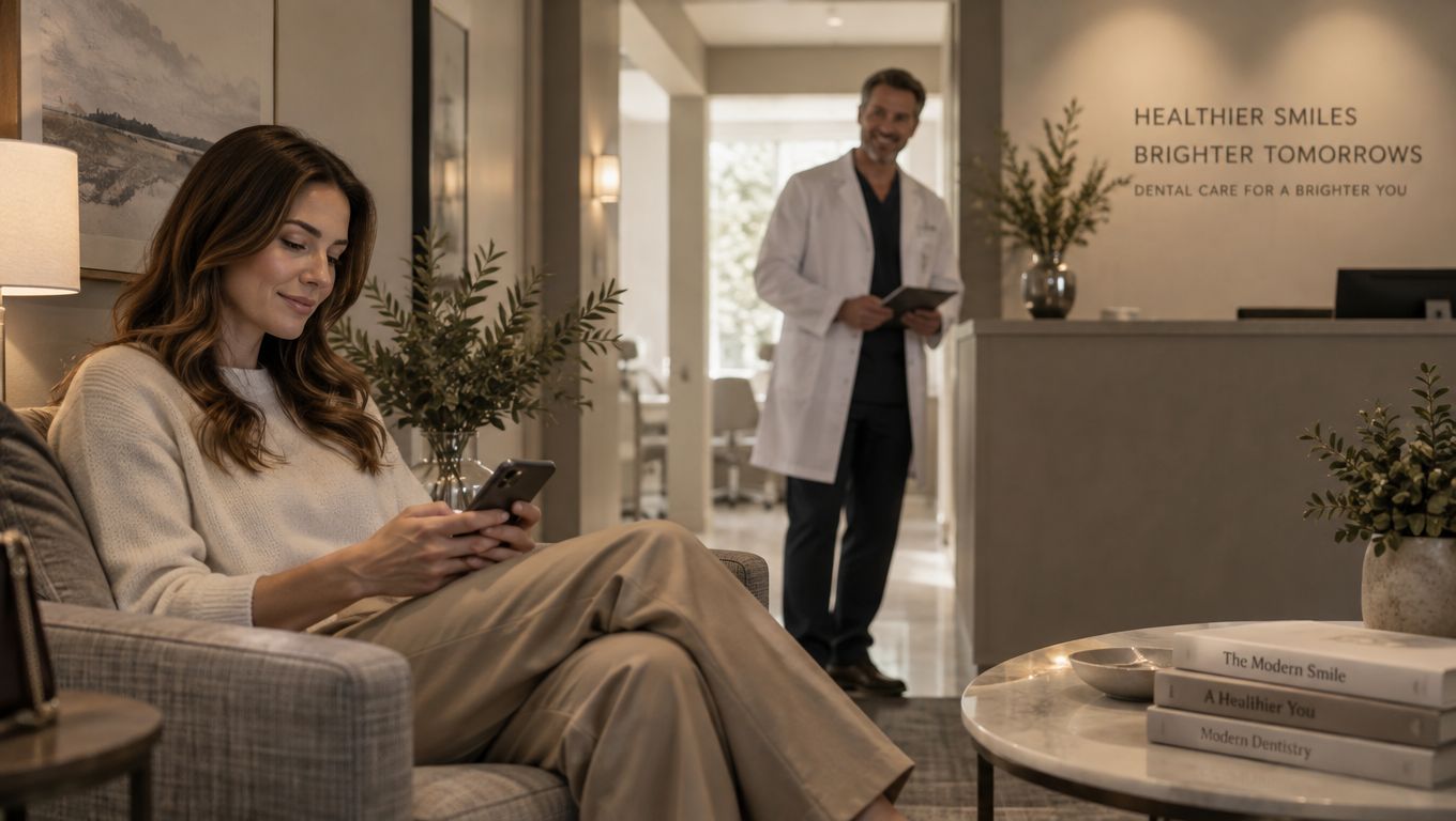 A woman waits in a modern dental office lobby, looking at her phone as a dentist approaches.