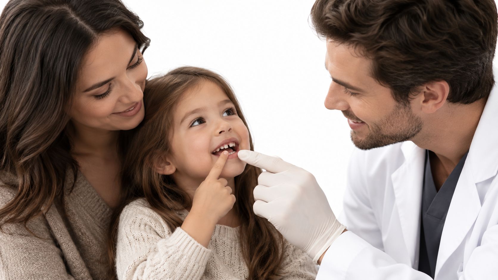 A friendly dentist examining a young girl's tooth while her mother watches in a bright office.