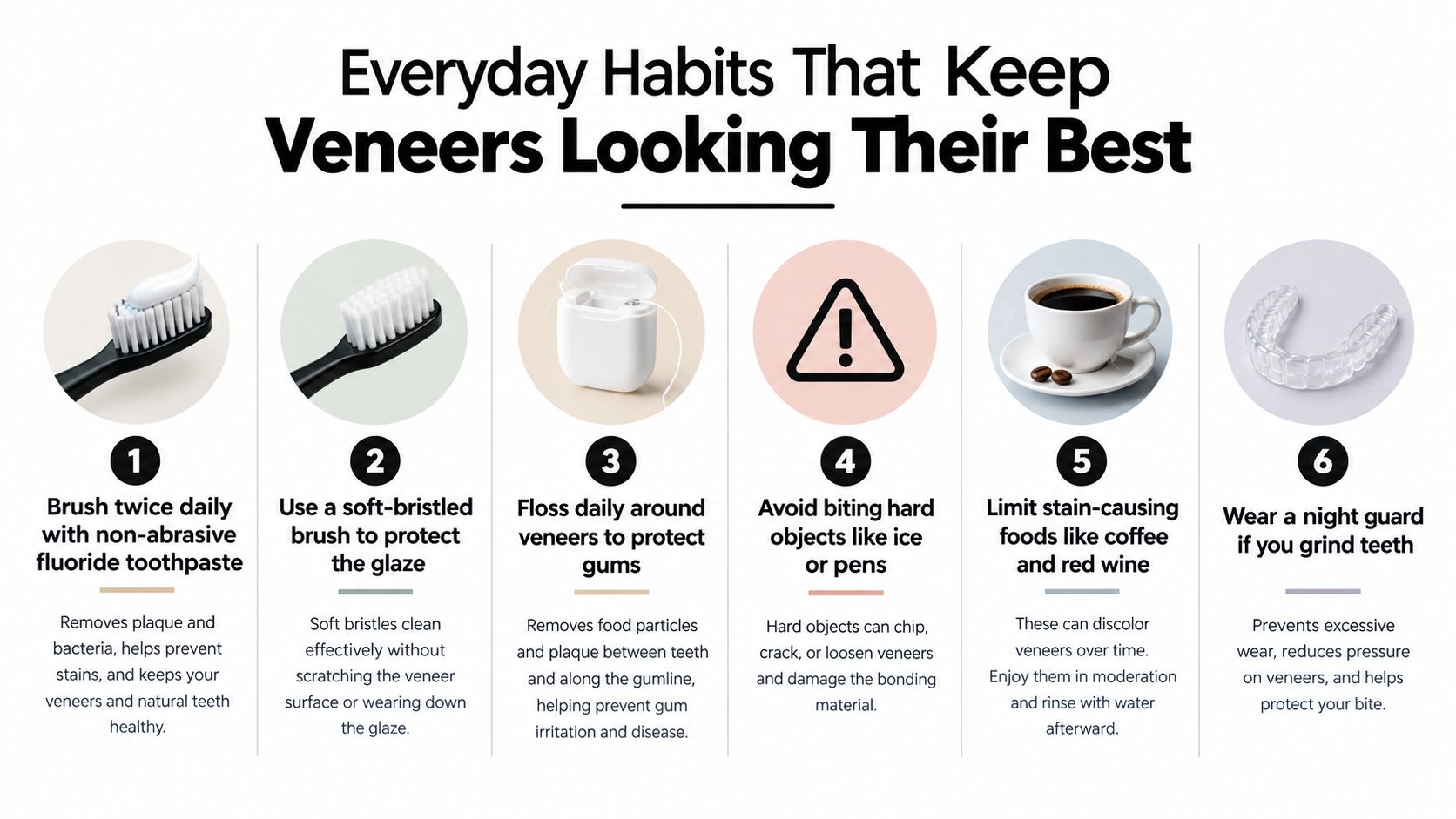 A six-step guide infographic displaying everyday habits to maintain and protect porcelain veneers for a healthy smile.