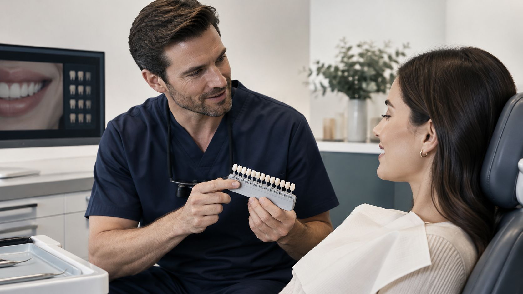A male dentist consulting a female patient while holding a shade guide to match porcelain veneer colors.