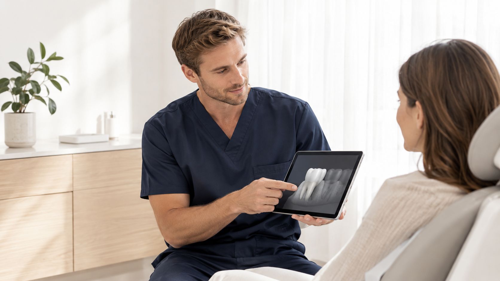 A professional dentist discussing dental imaging on a tablet with his female patient in a dental office.