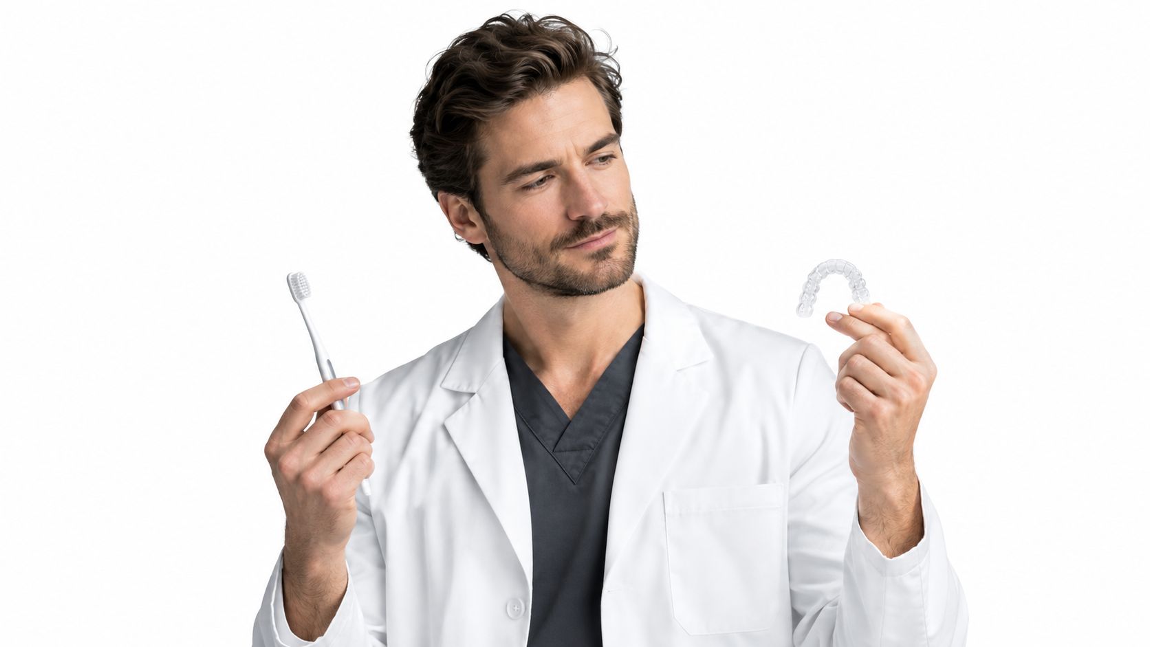 A male dentist in a white coat looking at a toothbrush and clear dental aligner tray.
