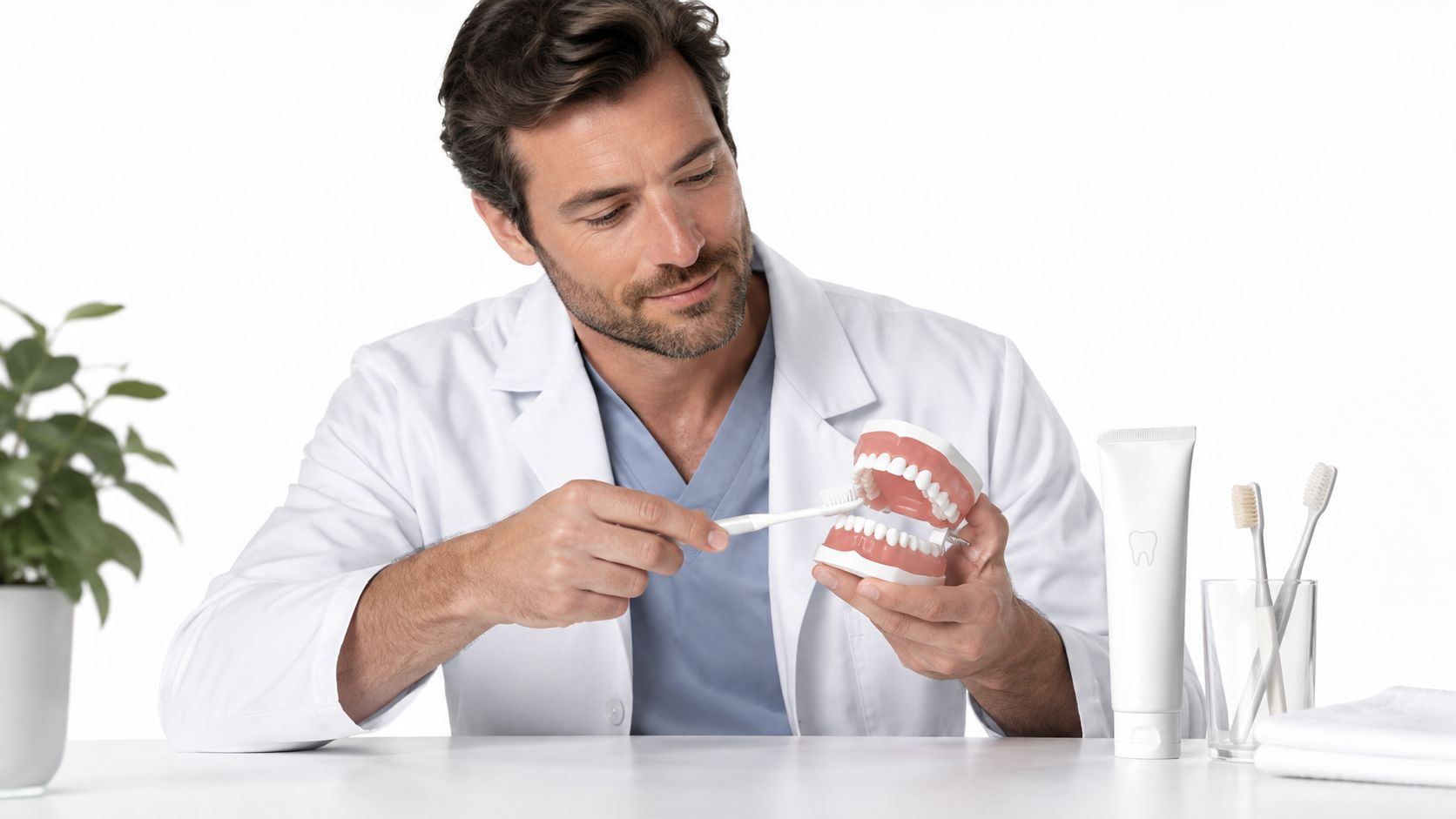 A professional dentist demonstrates proper brushing technique on a dental model for oral health education.
