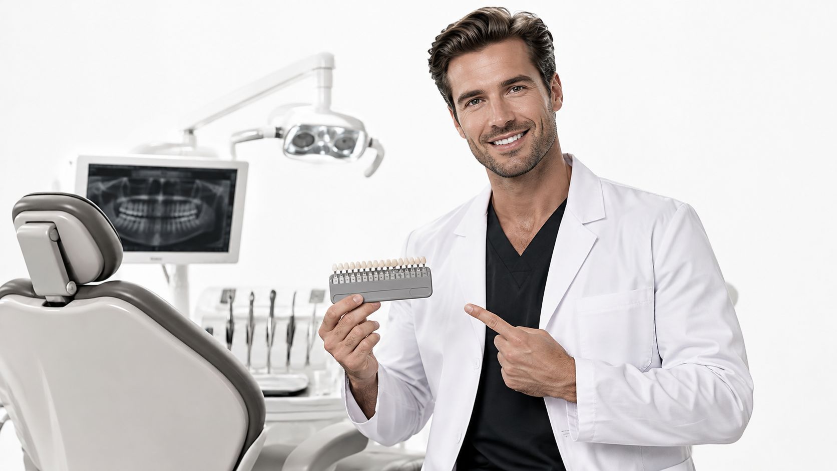 A smiling male dentist in a lab coat pointing at a dental shade guide in his office.