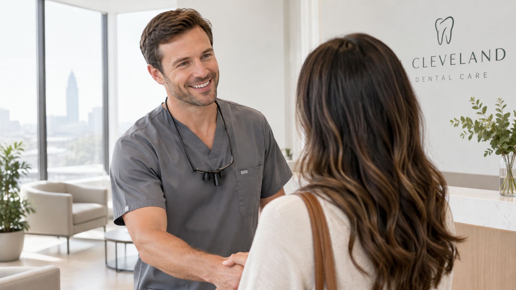 A friendly male dentist shaking hands with a female patient in a modern professional clinic setting.