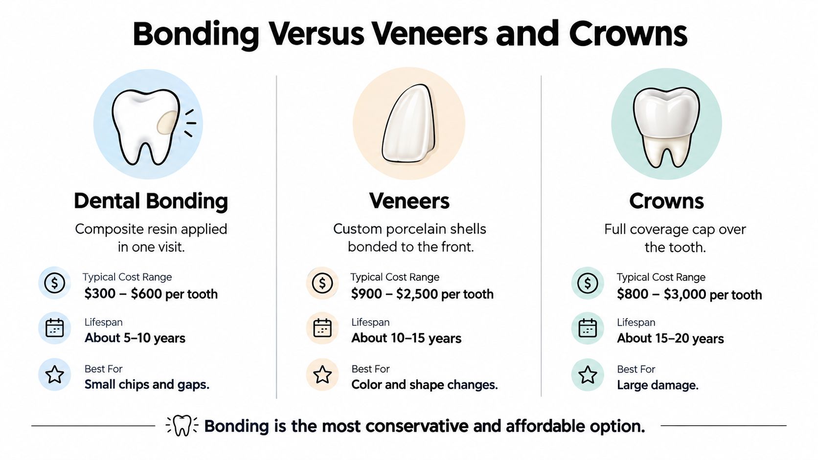 A comparison chart showing dental bonding, veneers, and crowns with their respective costs, lifespans, and ideal uses.