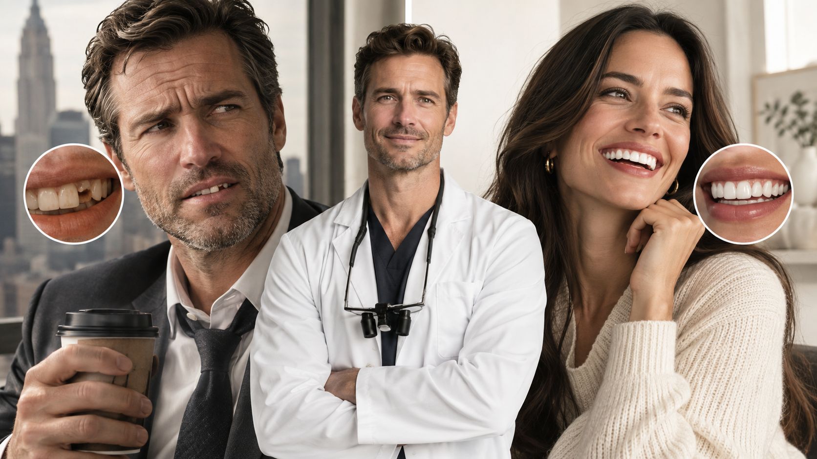 A dentist standing between a man with damaged teeth and a woman with a perfect white smile.