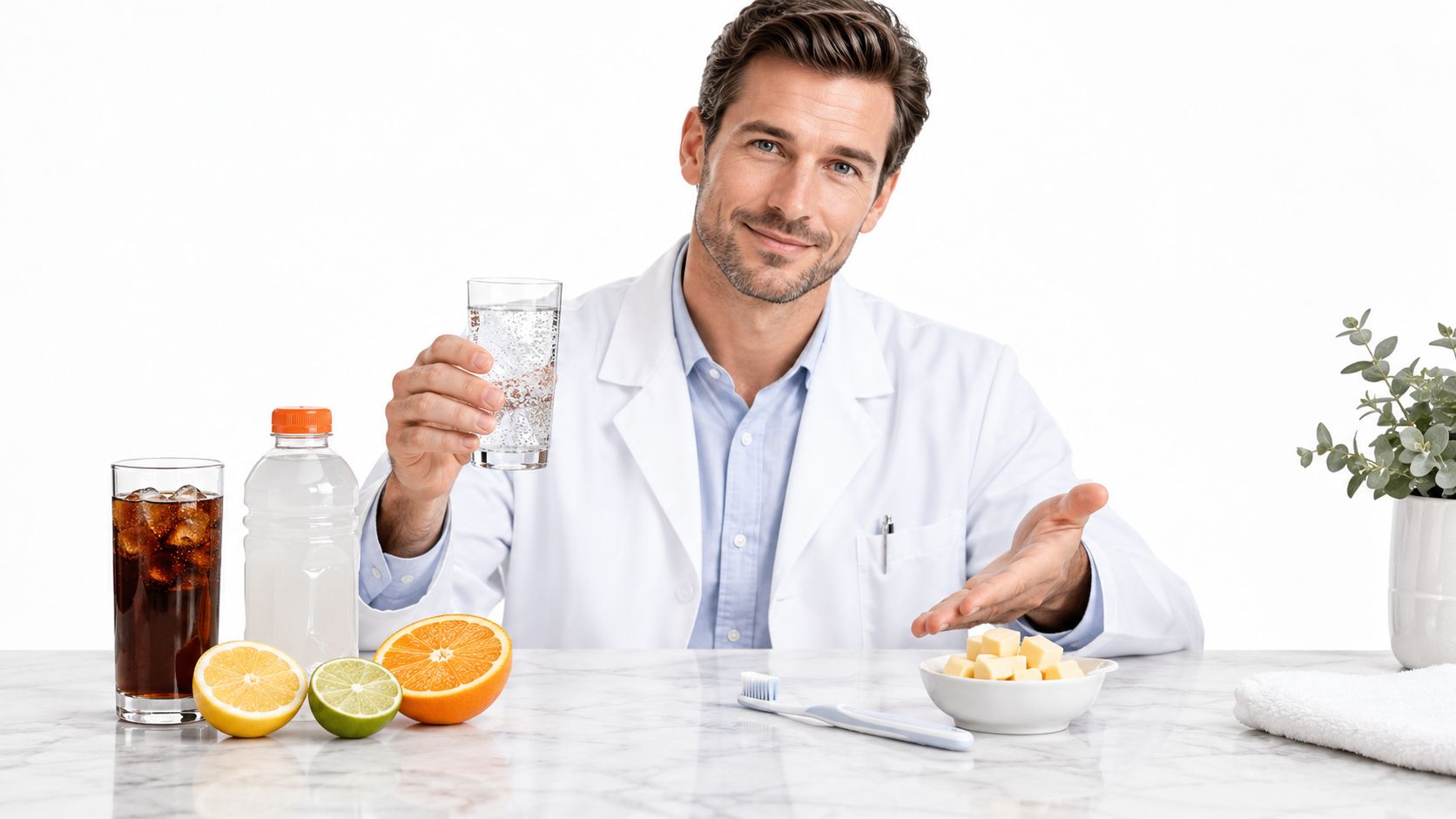A smiling male dentist in a lab coat offers a glass of water, showing healthy food options.