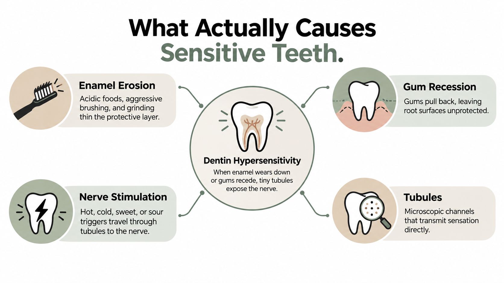 An infographic explaining how enamel erosion and gum recession lead to tooth sensitivity through exposed dentin tubules.