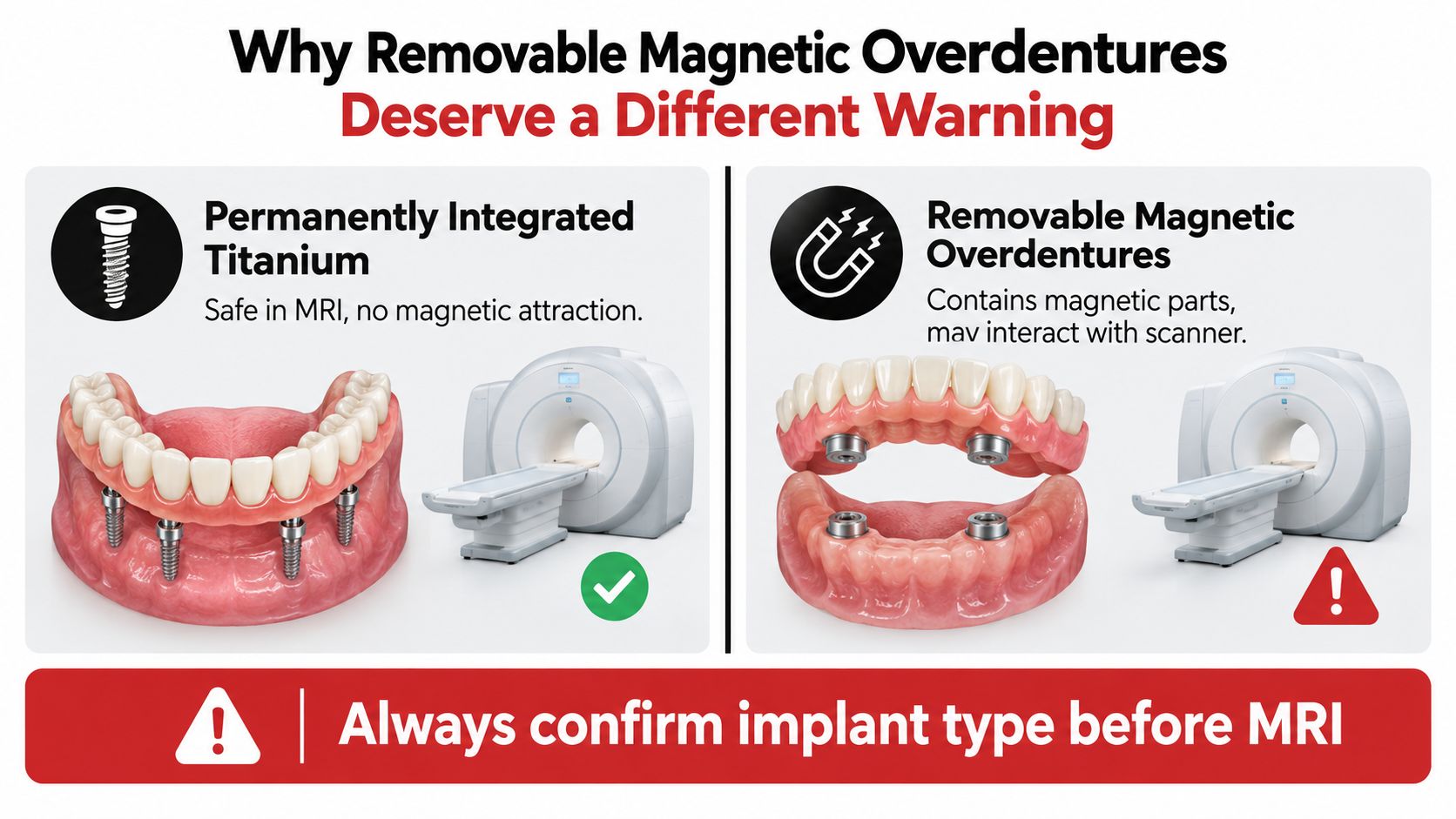 A dental infographic warning about potential MRI safety issues with removable magnetic overdentures compared to titanium implants.