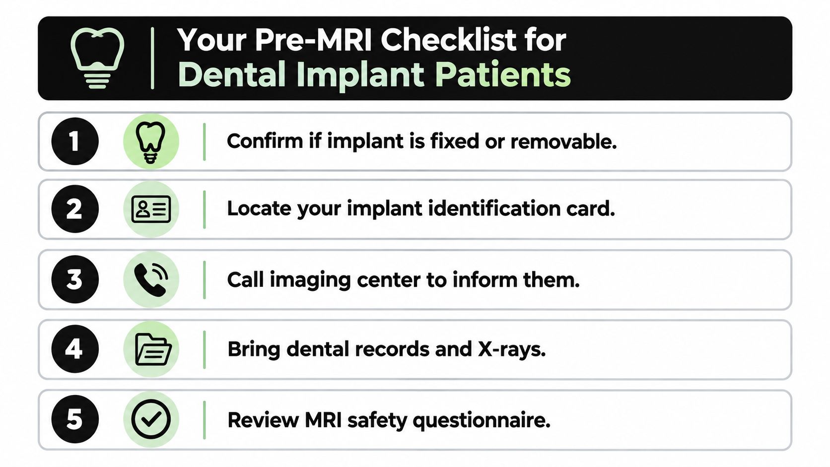 A five-step checklist for dental implant patients preparing for an upcoming MRI scan appointment.