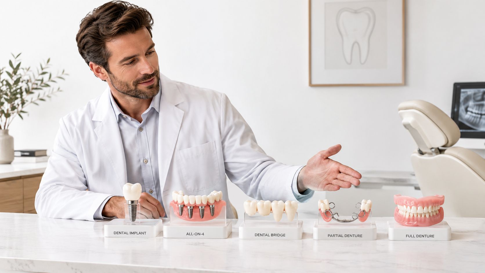 A friendly dentist explaining various tooth replacement options like implants and dentures to a patient in office.