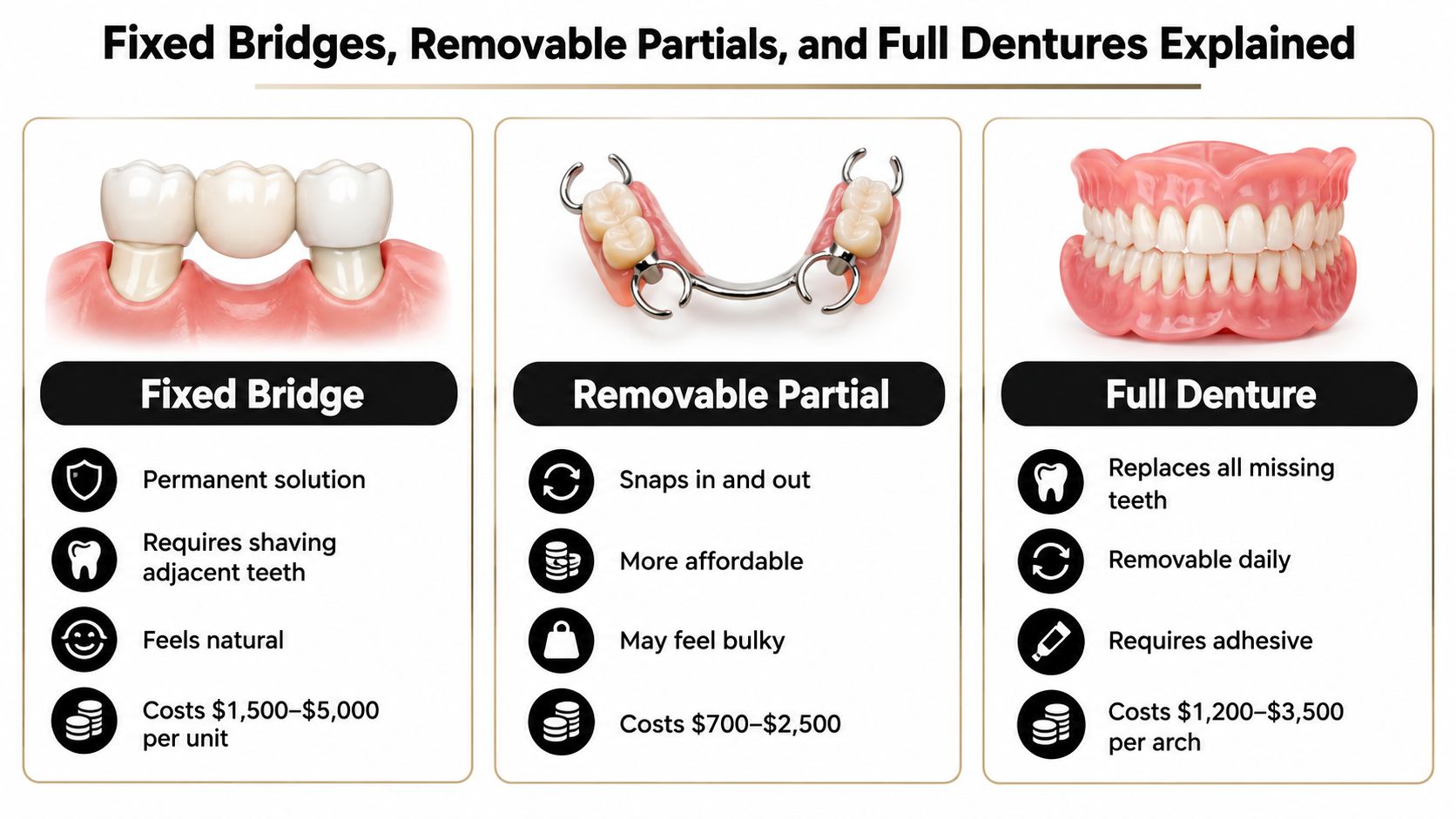 An infographic comparing fixed bridges, removable partials, and full dentures as options for replacing missing teeth.