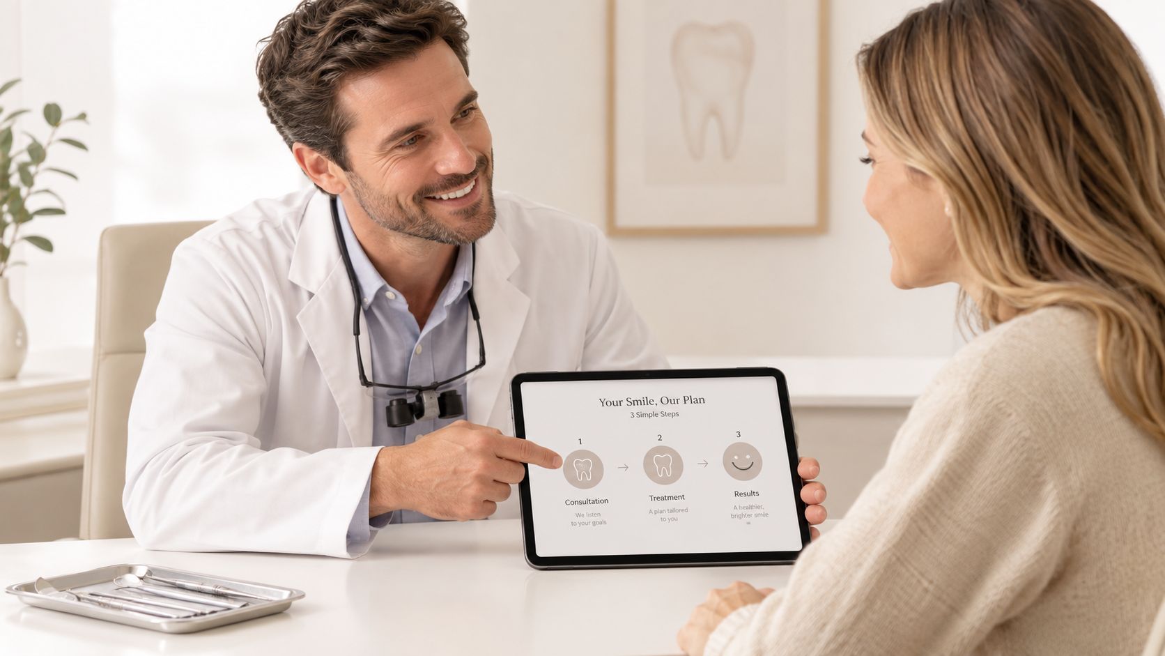 A friendly dentist explaining a three-step dental treatment plan to a female patient on a digital tablet.