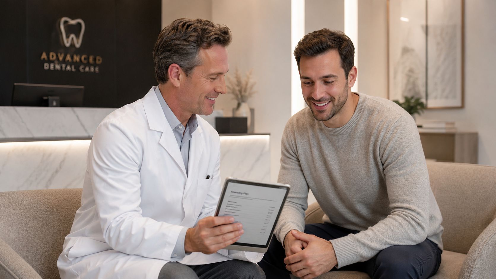 A professional dentist discussing a dental financing plan on a digital tablet with a smiling male patient.