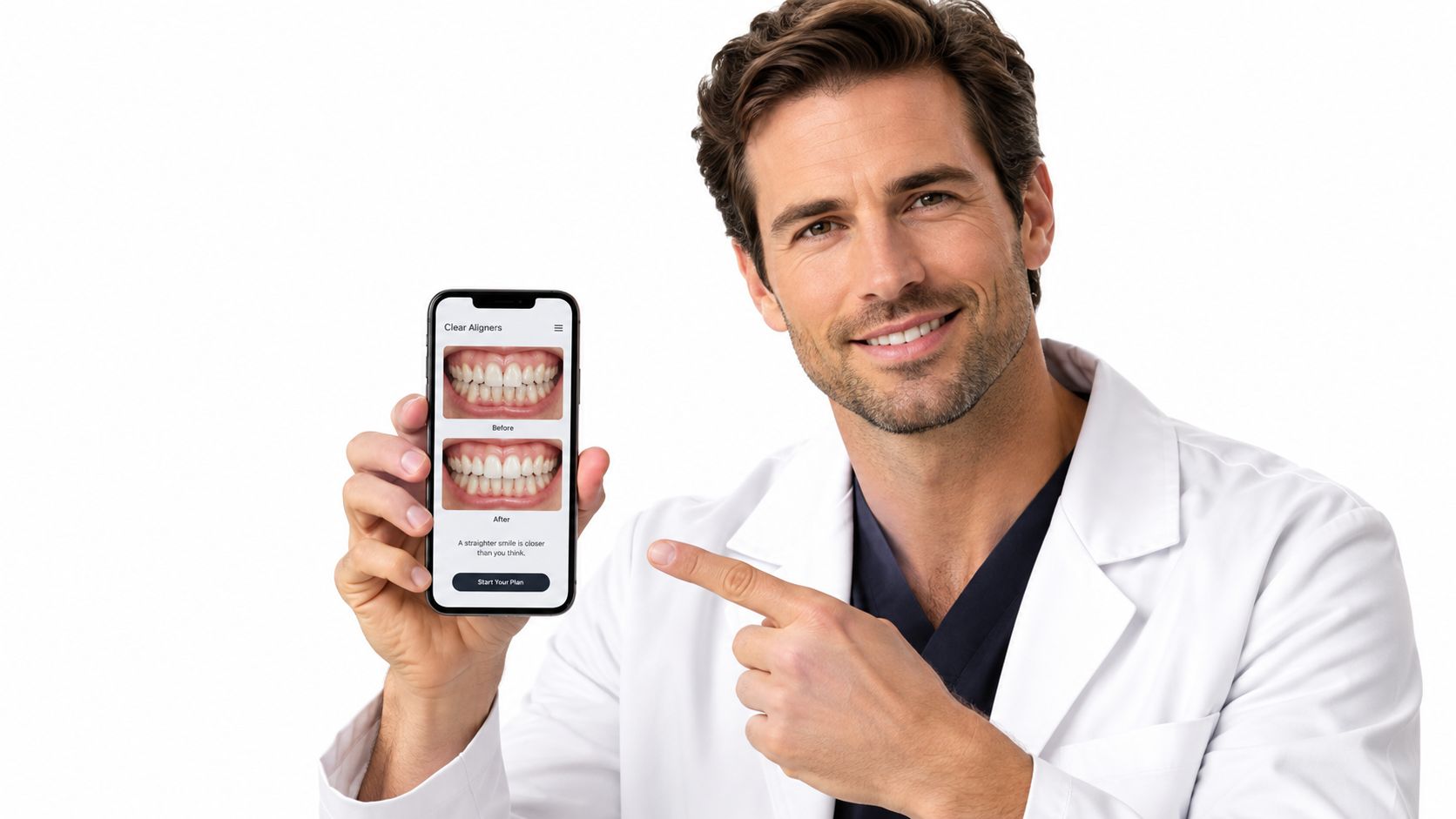 A friendly male dentist in a white coat pointing at a smartphone displaying clear aligner results.