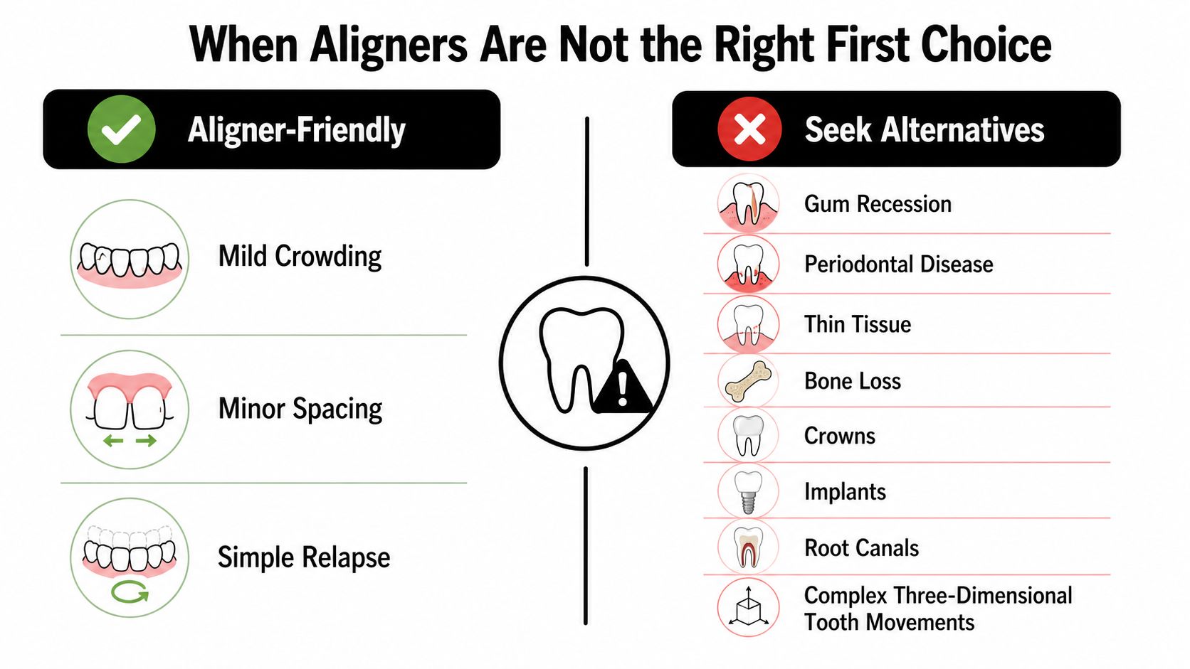 A comparison chart showing when clear aligners are appropriate versus when other dental treatments are recommended.
