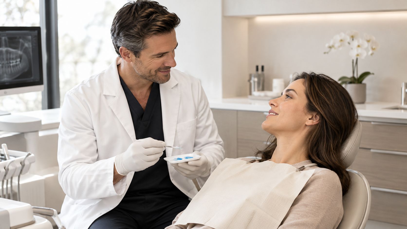 A professional dentist discussing a teeth whitening treatment procedure with a smiling female patient in a clinic.
