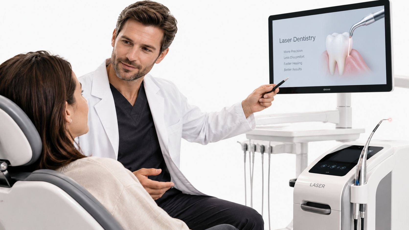 A professional dentist explaining laser dentistry benefits to a female patient while pointing at a digital monitor.