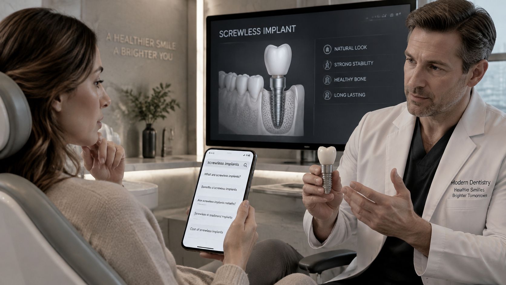 A dentist explains the benefits of screwless dental implants to a patient using a visual model.