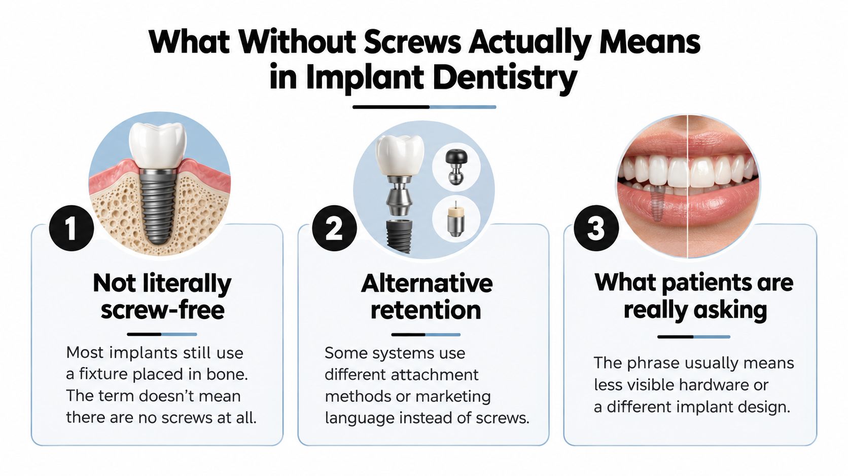 An infographic explaining that dental implants without screws still require hardware and use alternative attachment methods.