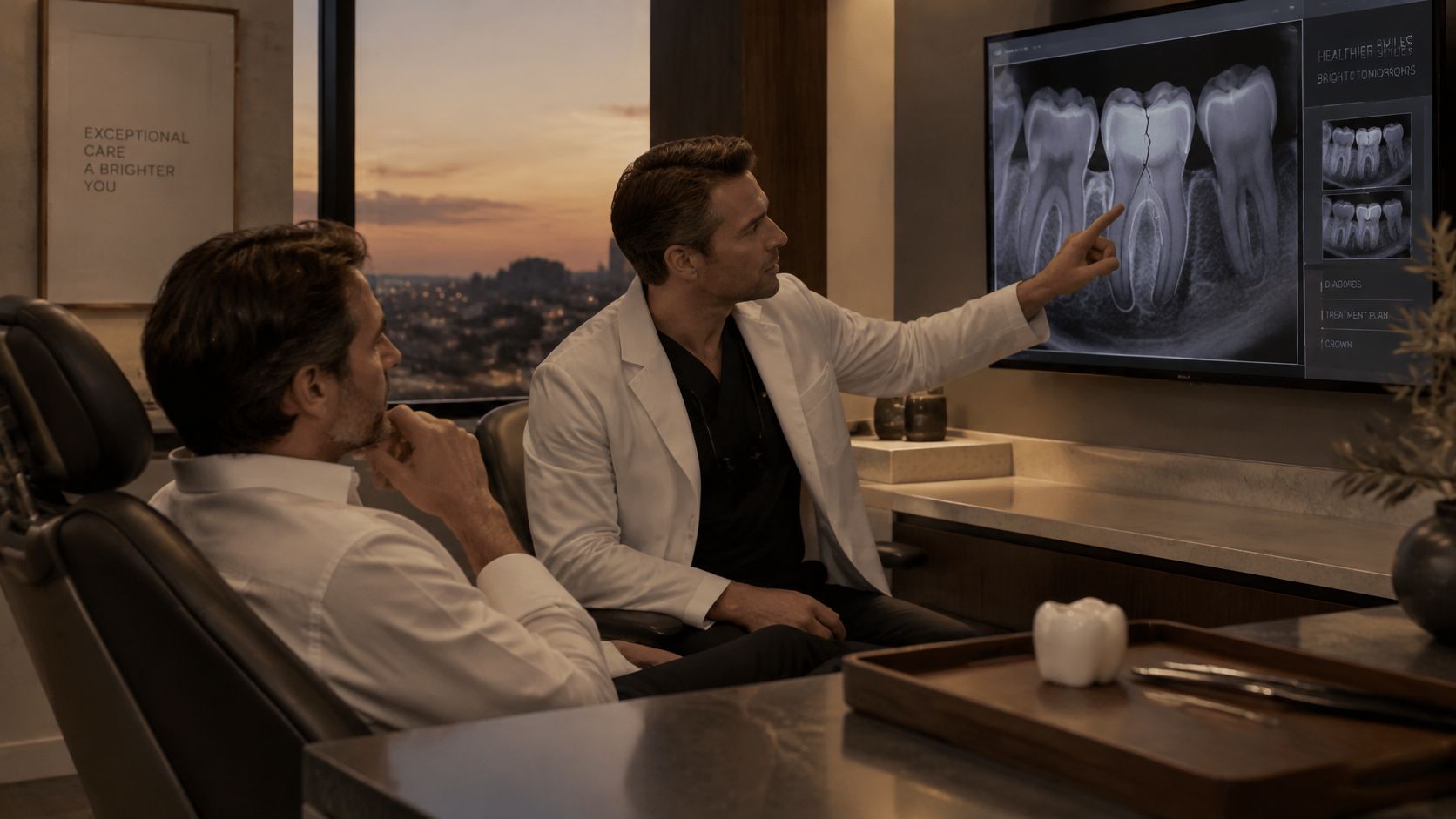 A professional dentist discussing a digital dental X-ray of a cracked tooth with a patient in an office.