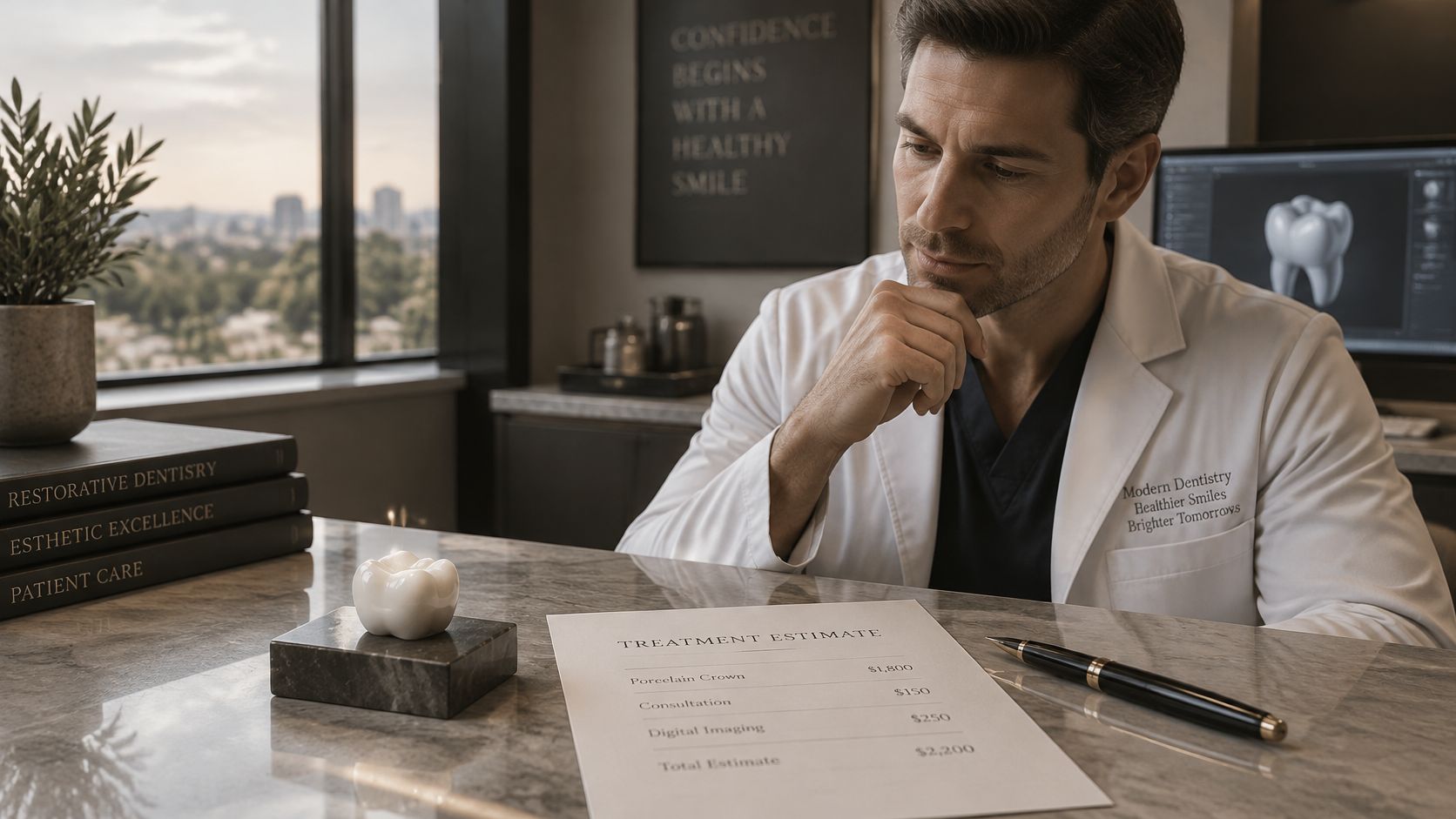 A professional dentist looking thoughtfully at a paper treatment estimate for a dental procedure at his desk.