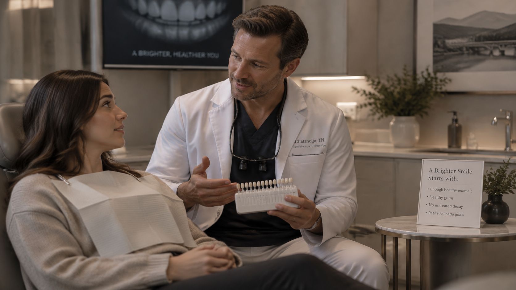 A professional dentist discussing teeth shade options with a female patient in a modern dental office.