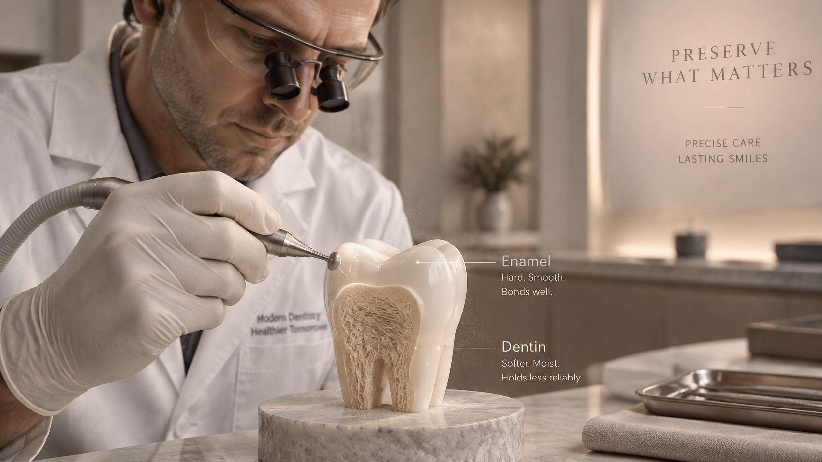 A dentist wearing magnification glasses uses a dental drill on a cross-section model of a human tooth.