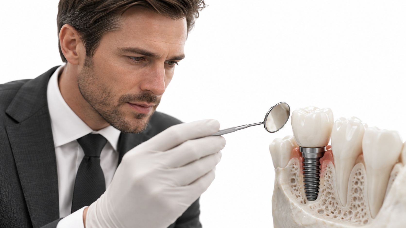 A professional dentist wearing a suit and gloves examines a dental implant model with a small mirror.