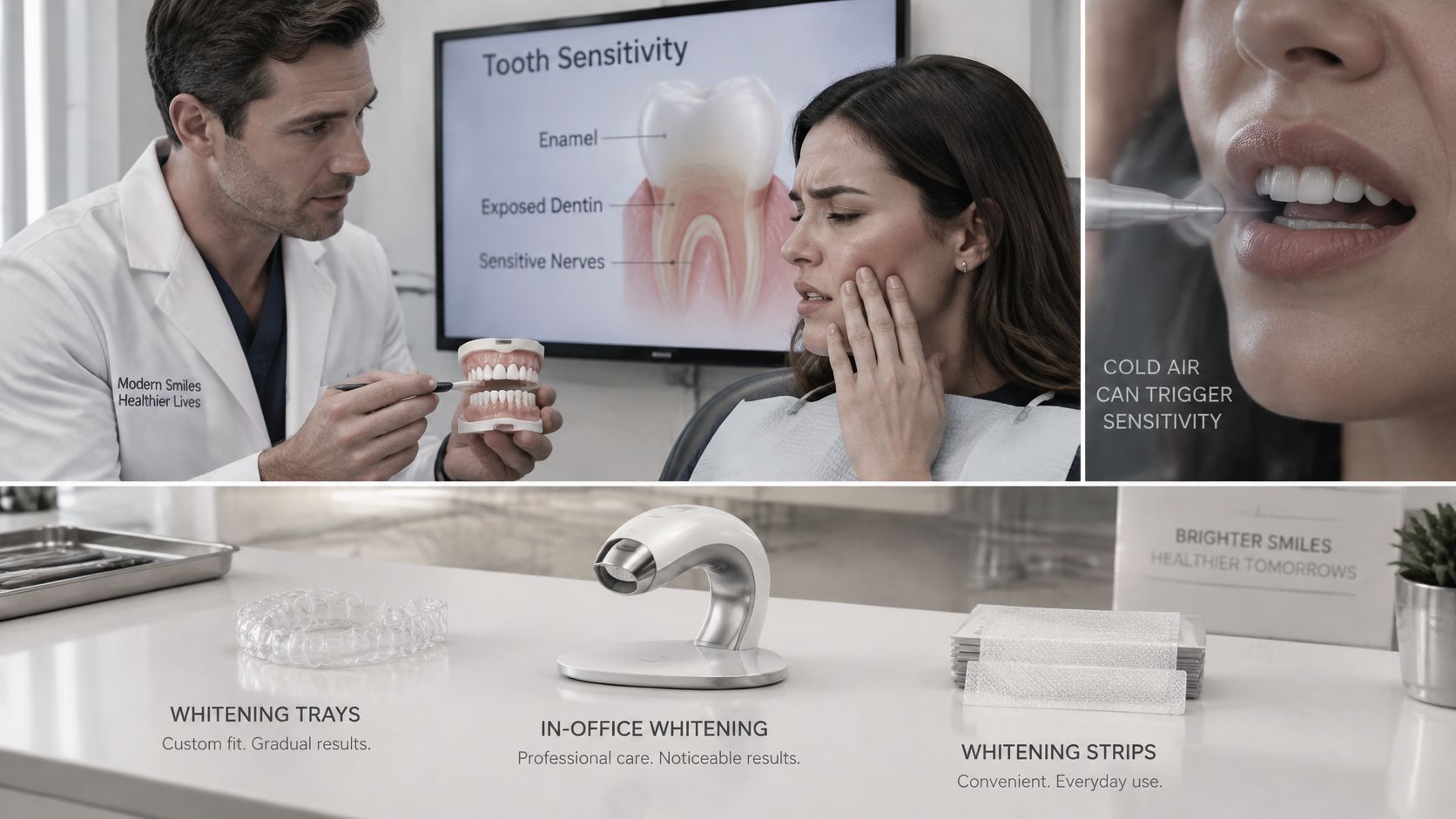 A dentist shows a patient how tooth sensitivity works, along with various options for teeth whitening treatments.
