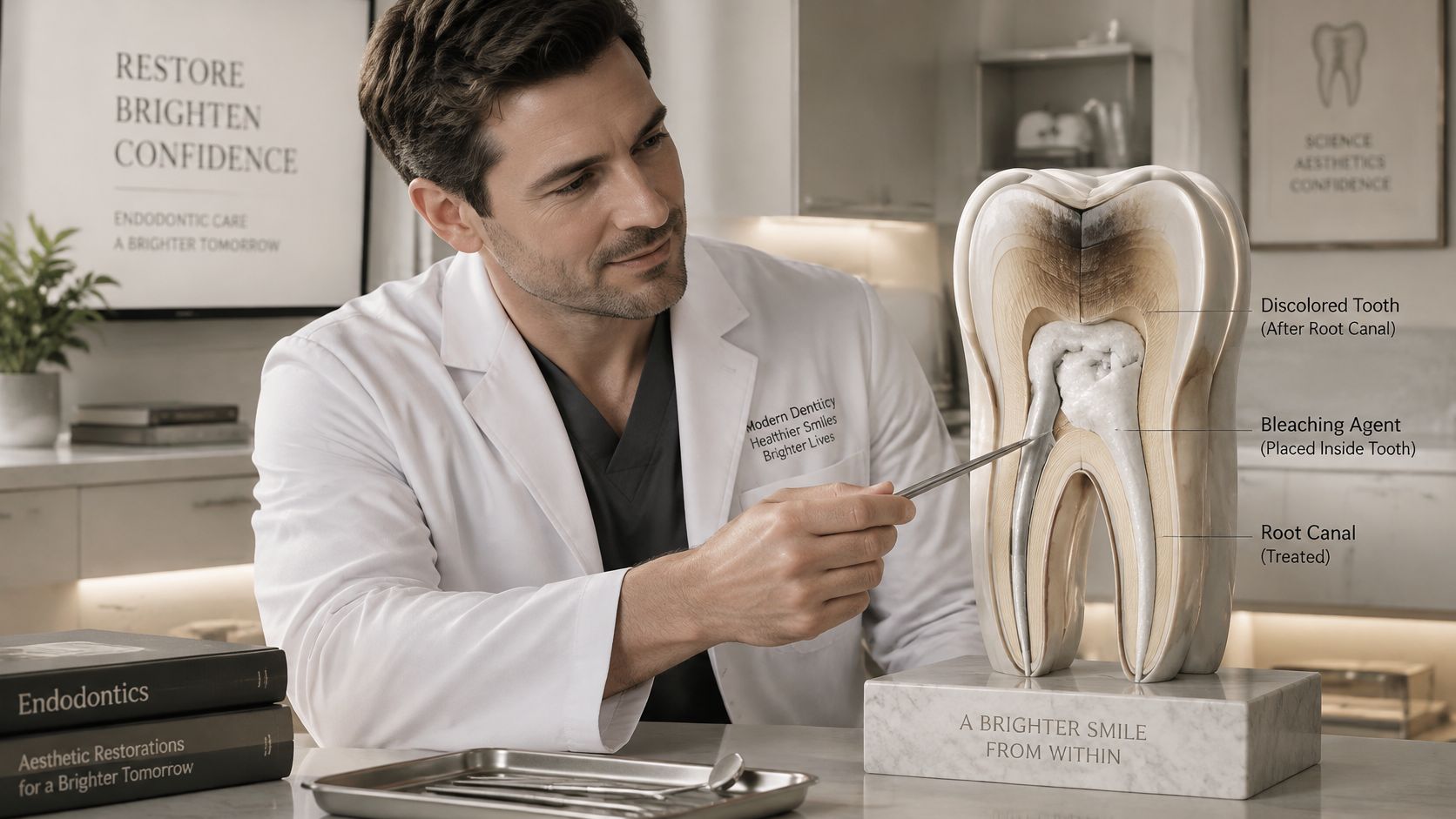 A dentist pointing to a cross-section model of a tooth demonstrating internal bleaching treatment after root canal.