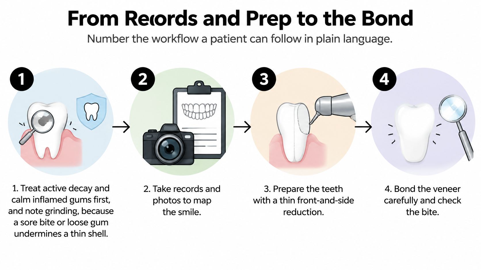 A four-step infographic illustrating the clinical workflow for dental veneer preparation from initial treatment to final bonding.