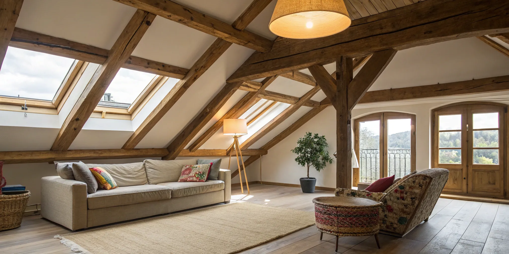Bright, airy mansard loft conversion with exposed beams and large windows.